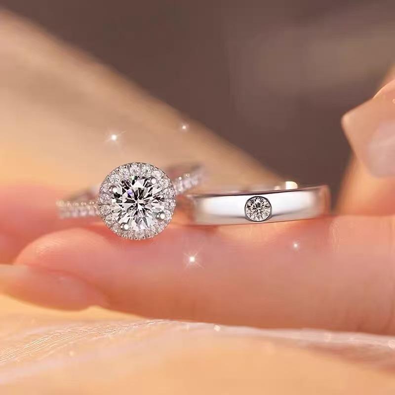 Sterling Silver Platinum-Plated Gold Diamond Inlaid Unisex Matching Rings - Light Luxury High-End Open Design