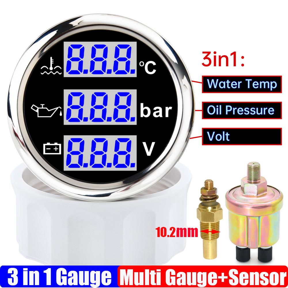 Blauer LED Digitaler 52mm Messgerät mit Alarm 0~120℃ Wassertemperaturanzeige+Öldruck+Spannung mit Öl-/Wassertemperatursensor