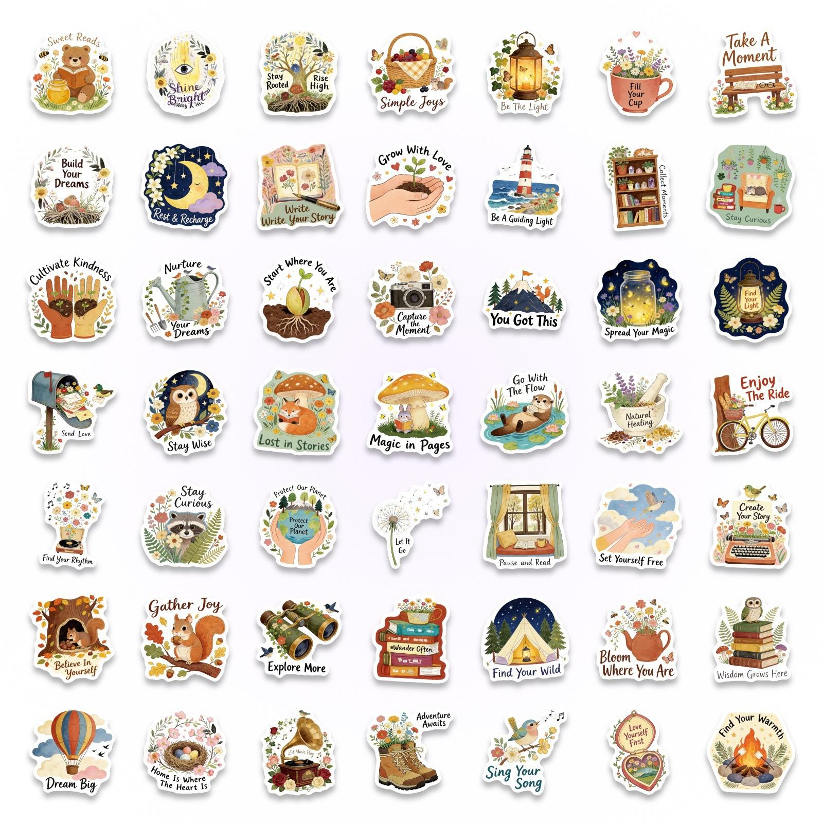 

50 Inspirational Statements Pastoral Hand Painted Stickers Nature Healing Stickers Forest Mushroom Plants Stickers