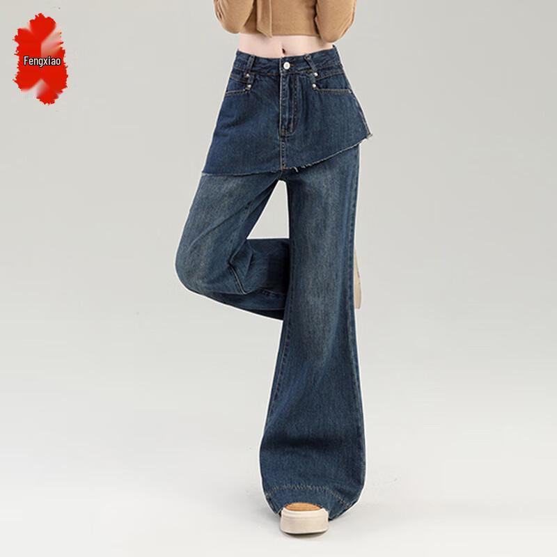 

Women s Retro Faux Two-Piece Spliced Flare Jeans L