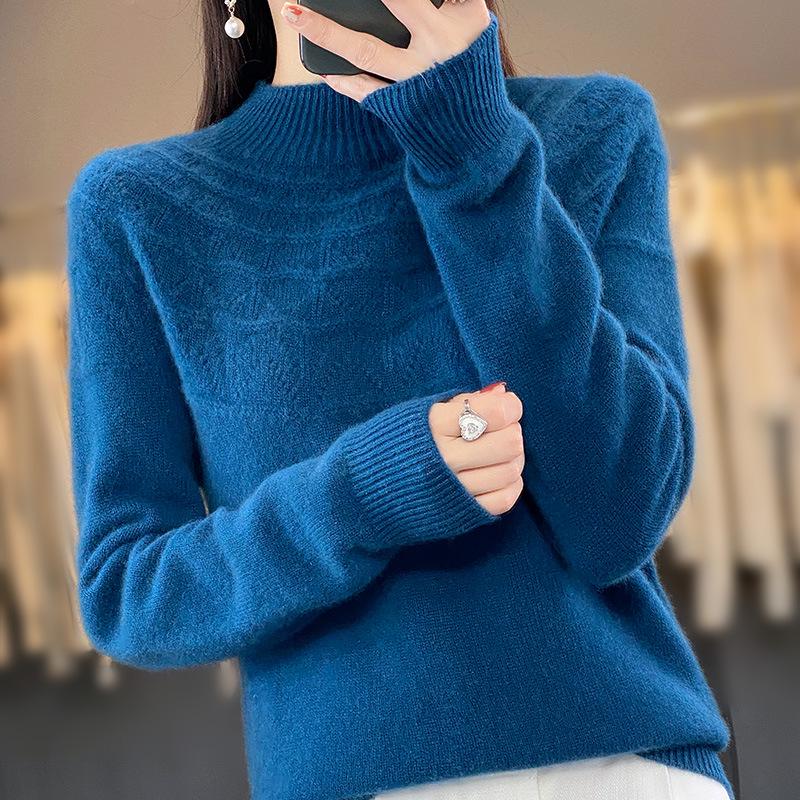 Autumn/Winter Women's Knitwear: Hollow Out Half-High Neck Long Sleeve Loose Slimming Pullover Sweater.