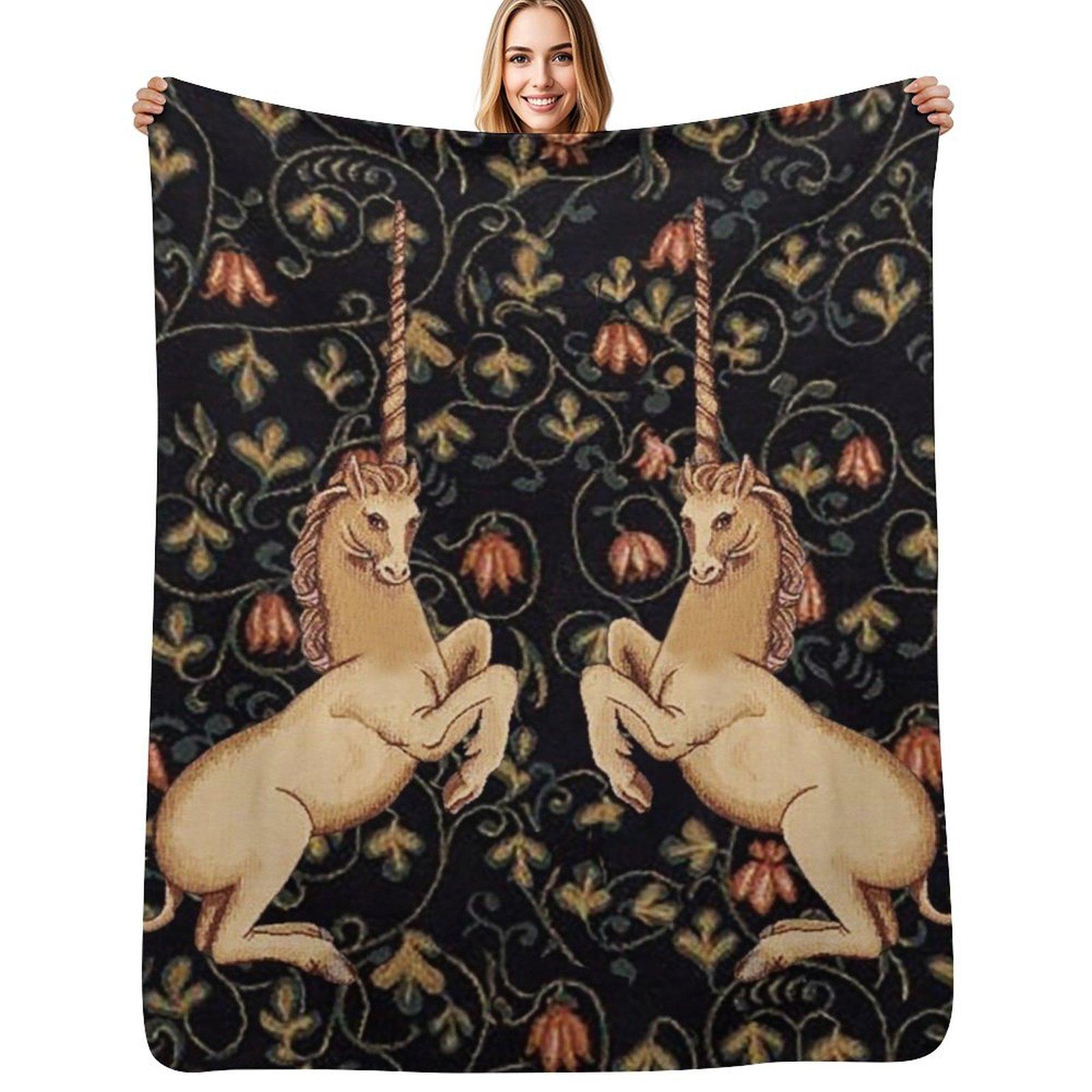 Medieval Unicorns Midnight Floral Tapestry Throw Blanket Soft Cozy Blanket for Pet Kids Adults Size: 75*100cm, Weight: 230 GSM