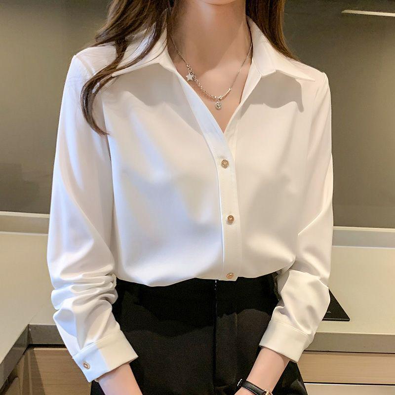 Women's V-neck Professional White Shirt - Long Sleeve, Spring/Autumn Wear.