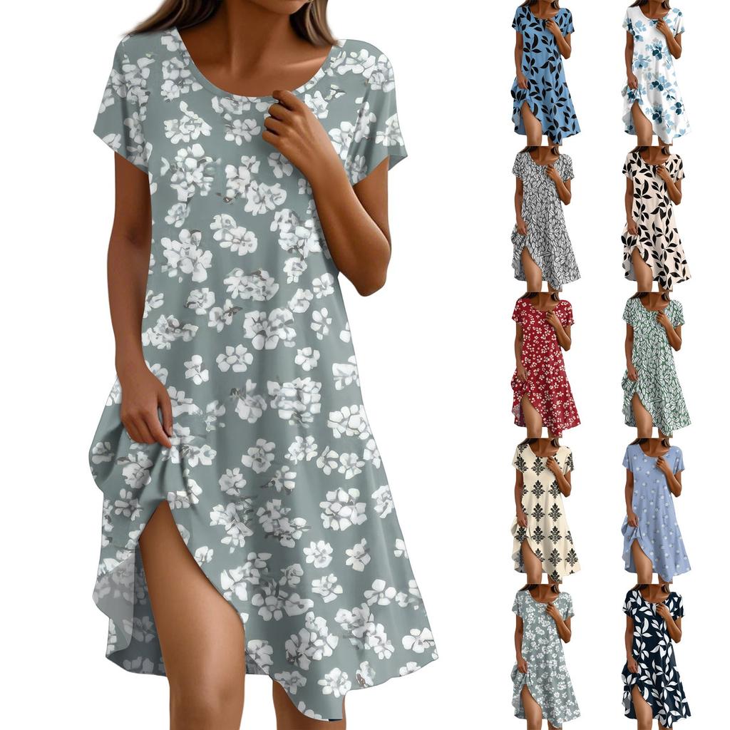 Boho šaty s krátkým rukávem pro ženy Ležérní volný střih letní letní šaty s květinovým potiskem šaty s kapsami