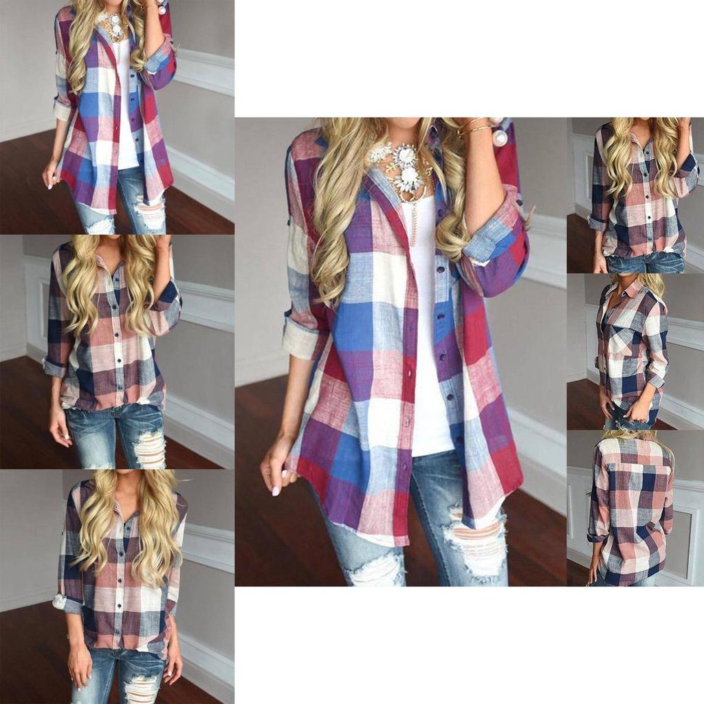 Women Long Sleeve Plaid Linen Shirt With Turndown Collar For Casual Office Wear