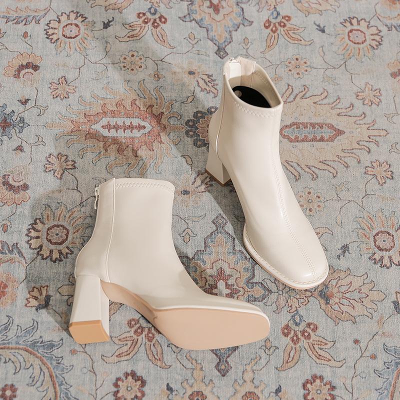 Französische elastische kurze Stiefel Damen dicke Absätze Herbst und Winter neu Maillard Temperament vielseitig Reißverschluss hinten dünne Martin-Stiefel