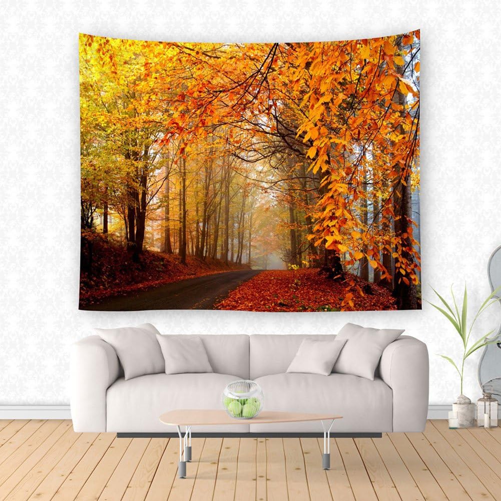 Landscape Tapestry Autumn Season Fall Trees with Morning Fog in Forest Relaxing Art Nature Photo Home Wall Hanging Decro for