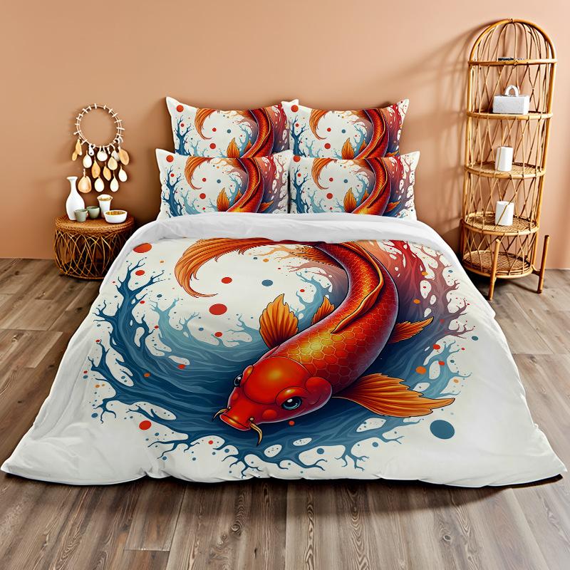 3D Digital Printing Bedding Two Or Three Piece Set Koi Polyester Quilt Cover