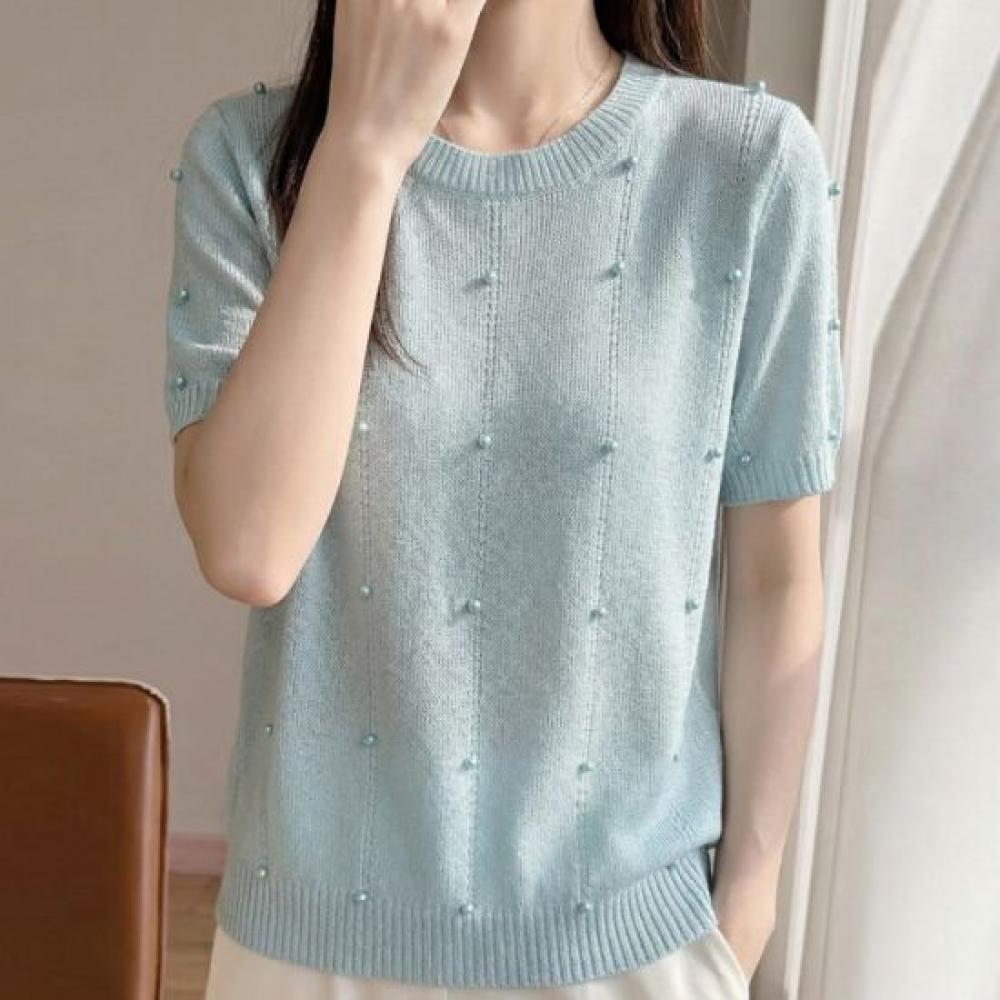 Navava Women Cool Pearl Point Round Neck Short Sleeve Knit Nk3719
