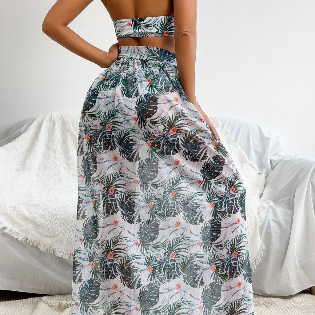 Charming Leaf Print Slit Knot Long Dress Halter Two Piece Bikini Swimsuit For Vacation