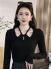 Women's Hollow Design Halter Neck Long Sleeve T-Shirt - Slim-Fit, Stylish, Sexy Spring/Autumn Base Layer.