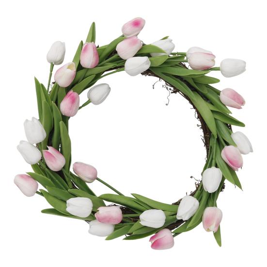 Artificial Tulip Wreath with Vine Base Lifelike Floral Door Wall Hanging Decor for Home Garden Party Fade-Resistant Reusable Spring Home Decoration