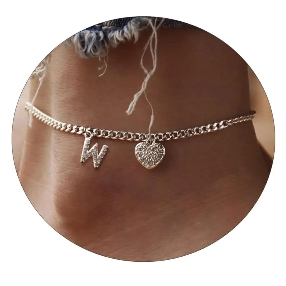 26 Initial Stainless Steel Anklet For Women Crystal Letter Heart Color Chain Ankle Bracelet Summer Jewelry Accessories