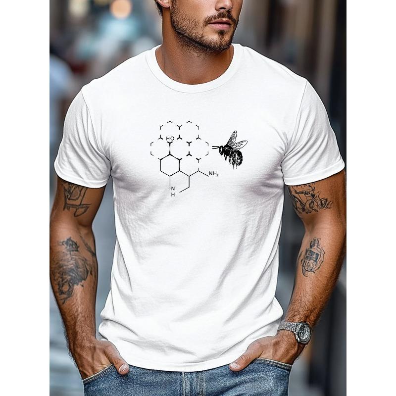 European Sizes Men'S T-Shirt, Relaxed And Casual, Easy-Going Leisure, Featuring a Summer Round-Neck Short T-Shirt with a Bee And Chemical Molecule