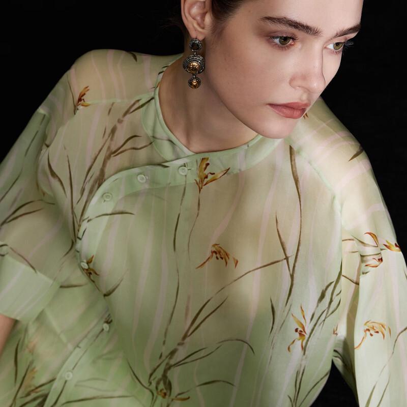 LANCY Women's Mulberry Silk Pine Branch Blouse