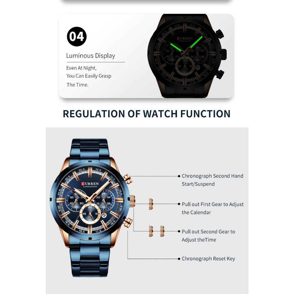 Curren Herrenuhr Blaues Zifferblatt Edelstahlarmband Datum Herren Business Herrenuhren Wasserdicht Luxus Herren Armbanduhren für Herren