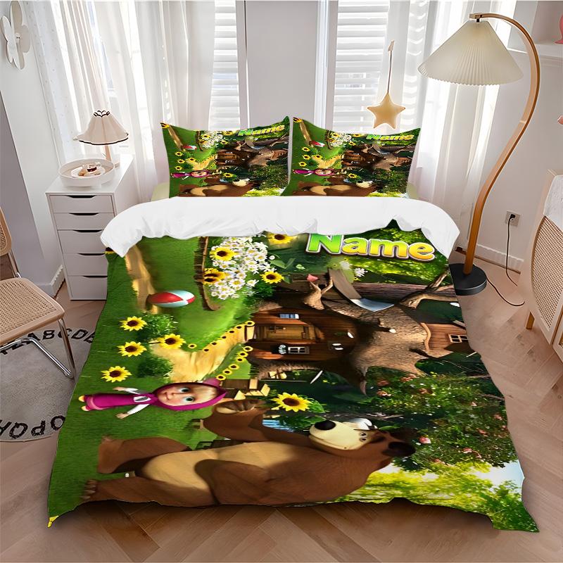 Custom Name Bear Sunflowers Forest Print 3Pcs Bedding Set Duvet Cover With 2 Bedro Pillowcase Home Birthday Gift