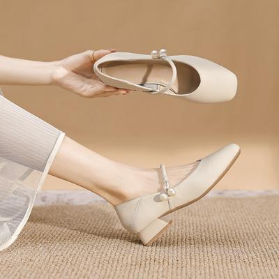 Square Head Thick Heel Mary Jane Shoes Women's Spring New Soft Leather Retro French Light Mouth Low Heel 3cm Single Shoes Women