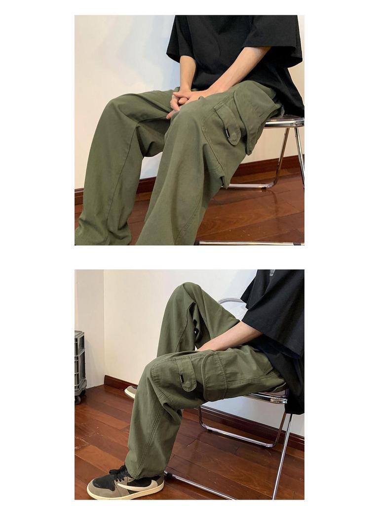Men's Military Green Summer Cargo Pants - Thin Straight-Leg, Japanese Cityboy Style, Retro American Street Skateboard Design