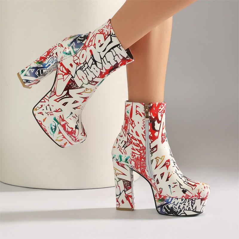 Womens Short Boots Graffiti Print Square Heel Thick Side Zip Ankle Size 34-43
