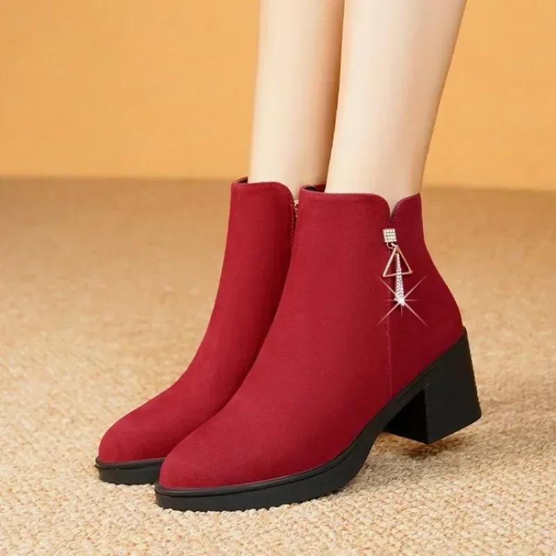 Fashion 2025 New Fall-Winter Fashion Solid Color Ankle Boots Round Toe Square Heel Side Zipper Solid Color Casual Boots Keep Warm 35-41
