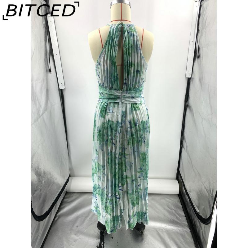 BITCED Dámské letní dlouhé šaty s výstřihem do V, na špagetová ramínka, bez rukávů, s potiskem a plnou sukní