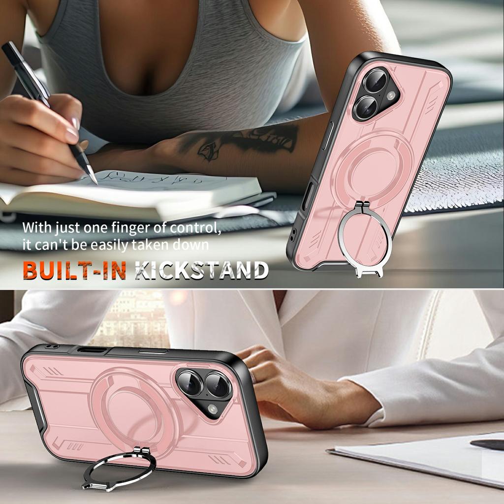 For iPhone 17 Case Compatible with MagSafe Rotating Ring Kickstand PC + TPU Shockproof Phone Cover