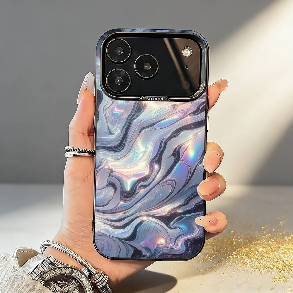 G-Glitter Art Marble Pattern Phone Case For iPhone17,16,15,14,13,12,11,Pro,MAX White Matte Shockproof Cover