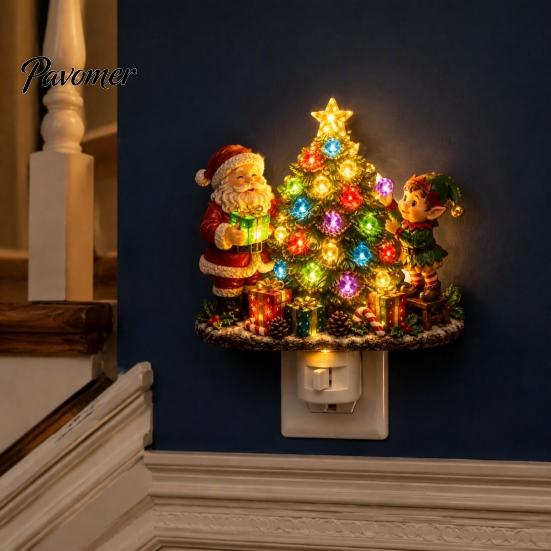 Resin Christmas Tree Light Santa Elf Decorative Plug-in Night Light, Wall Indoor Holiday Lighting Nightlight, Vintage Xmas Ornament for Bedroom