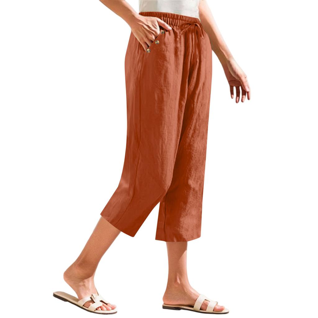 Women's Fashionable Loose-Fit Pocket Cotton-Linen High-Waisted Wide-Leg Pants Casual Cropped Trousers