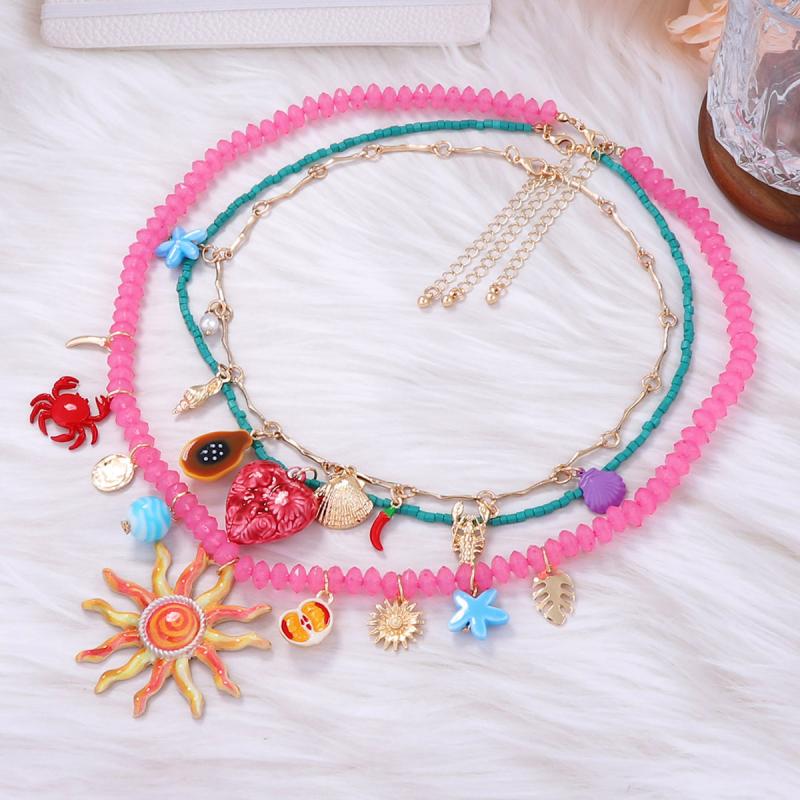 3Pcs/Set  Colorful Resin Beaded Charms Necklaces For Women Summer Ocean Vacation Style Party Jewelry Neck Accessories