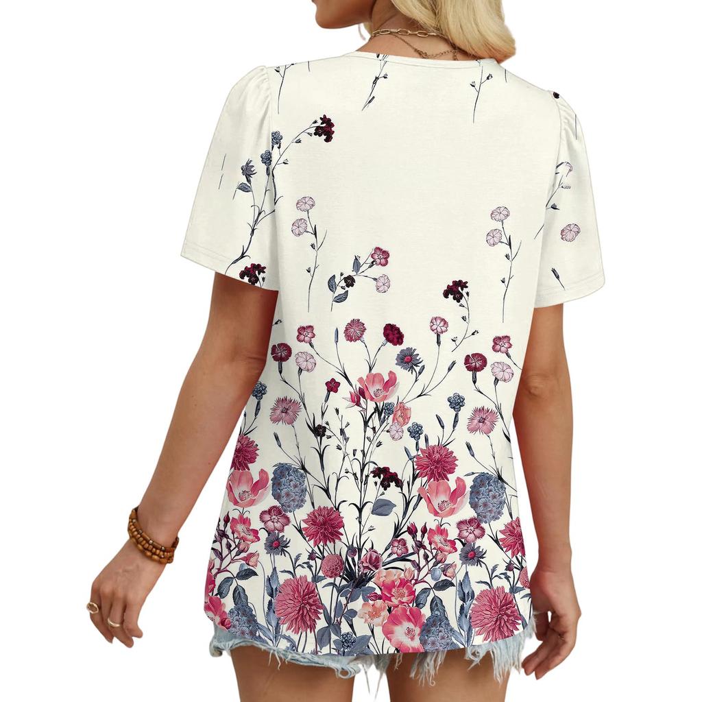 Women's Casual Fashion Round Neck Floral Printed Pleated Short Sleeve T,shirt Top