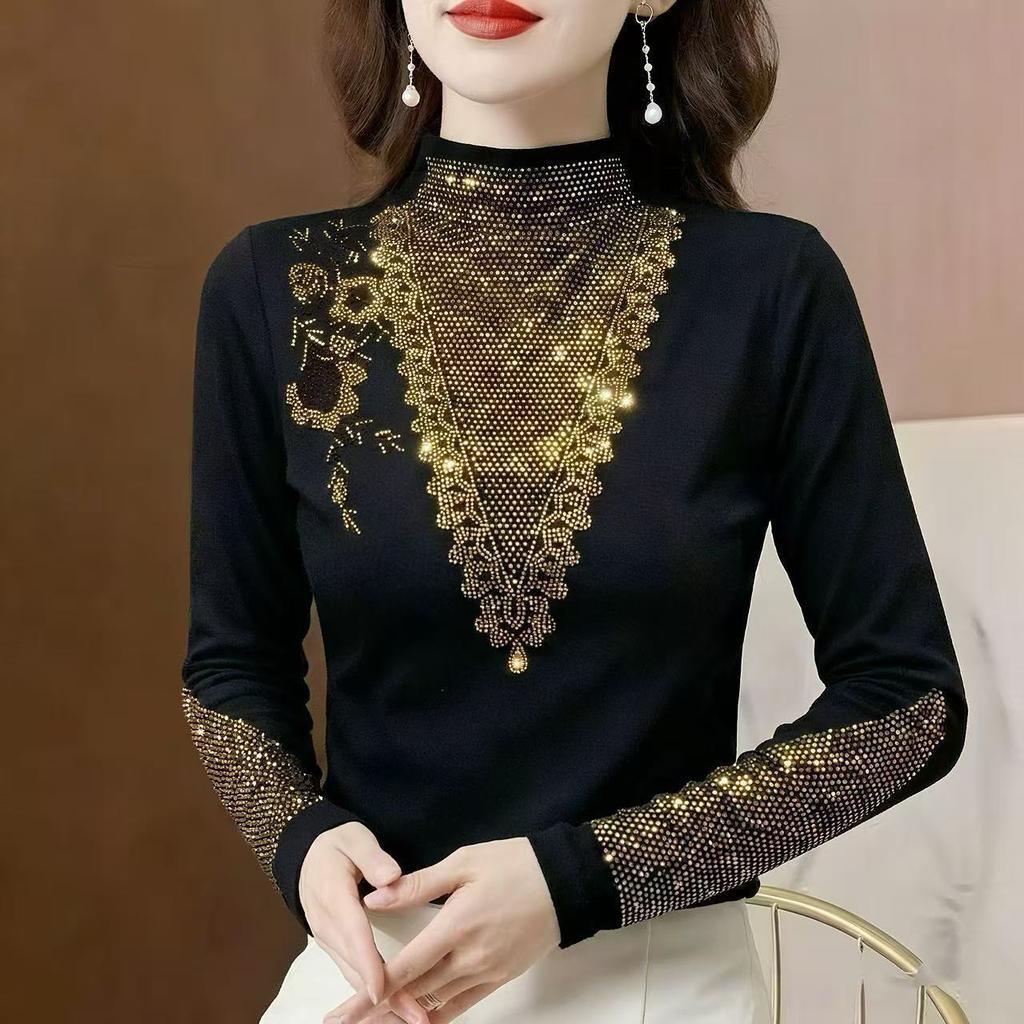 Women's Fleece-Lined Base Shirt Autumn/Winter Rhinestone Soft Warm Slim-Fit Stretchy Base Shirt Top