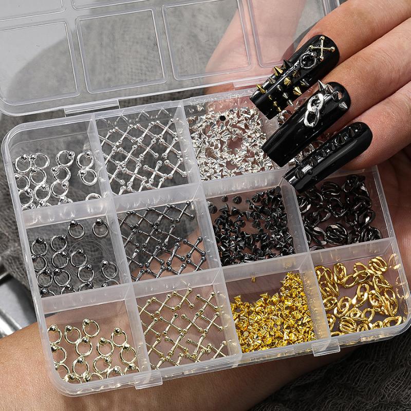 12 Grids Alloy Nail Charms Punk Y2K Metal Parts Manicure Rivet Chain Nail Tip Decoration Retro Circle Nails Supply DIY Crafts