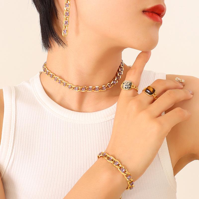 European Style Colorful Cubic Zirconia Jewelry Set with Diamond-Studded Necklace, Light Luxury Bracelet, and Exquisite Earrings