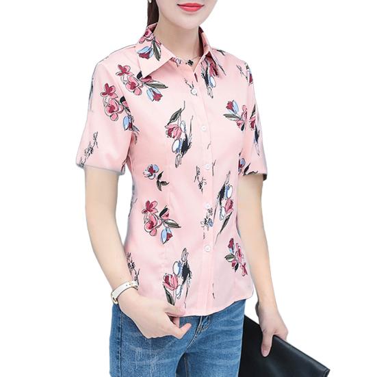 Women Shirt Flower Plaid Pattern Regular Style Shirt Buttons Placket Casual