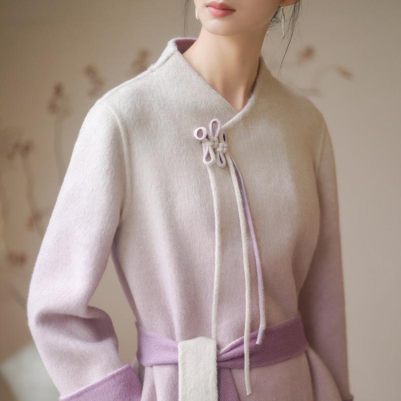 Fashionable Literary Classic Style Standing Collar Long Woolen Coat  with Belted Waist