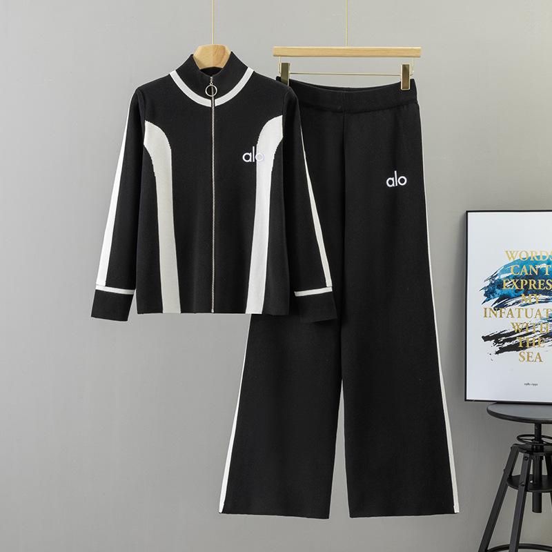 

Women s Casual Color Block Knit Suit: Zipper Jacket & Wide-Leg Pants (Spring/Autumn) One Size чёрный