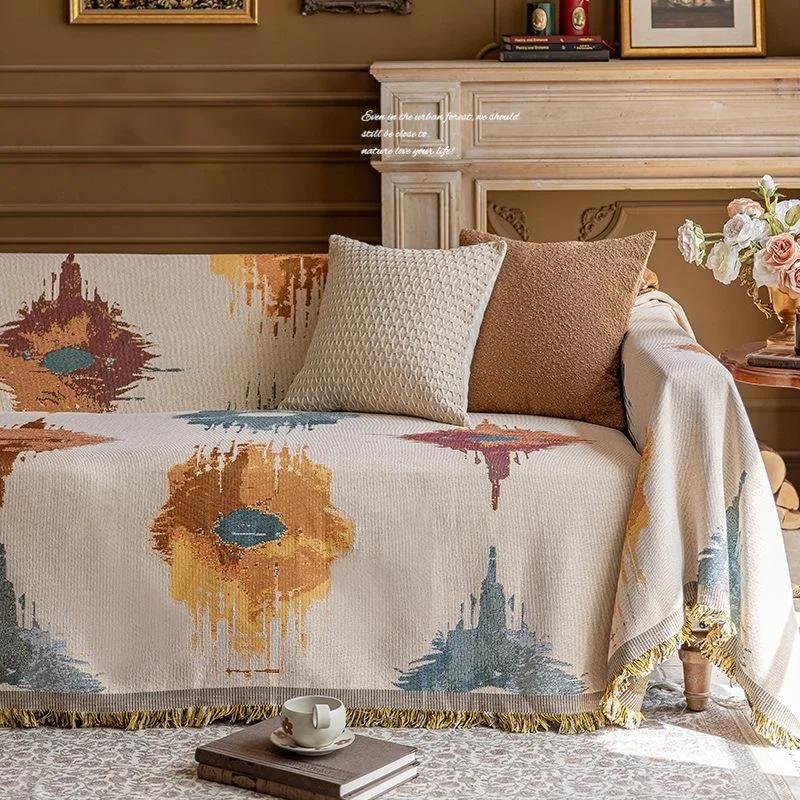 Retro Oil Painting Design Sofa Towel All Season Universal for Living Room Home Decor Tassel Sofa Cover Cloth Flowers Couch Towel