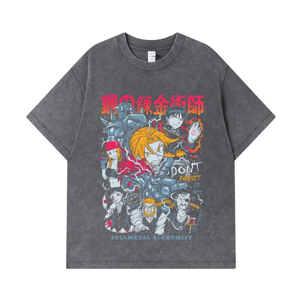 Camisetas Lavadas de 275 GSM 100% Algodón Fullmetal Alchemist V1 Estampado Unisex Camiseta Pesada de Algodón