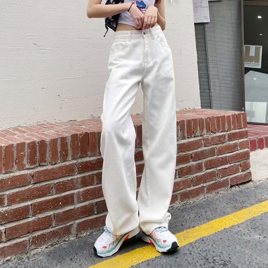 Women's High Waist Straight Leg Jeans Casual White Denim Pants Loose Trousers