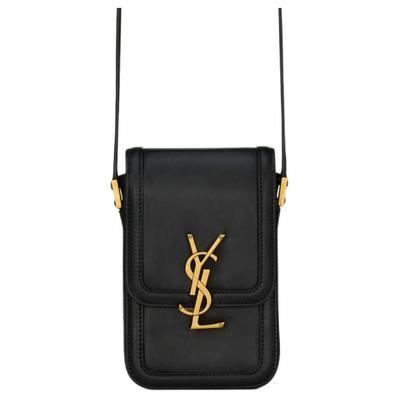 Saint Laurent Ysl Solferino Logo Dorato a Lettere Chiusura a Bottone Pelle Liscia Mini Borsa a Tracolla Borse Uomo Nera 753963-BWR0W-1000