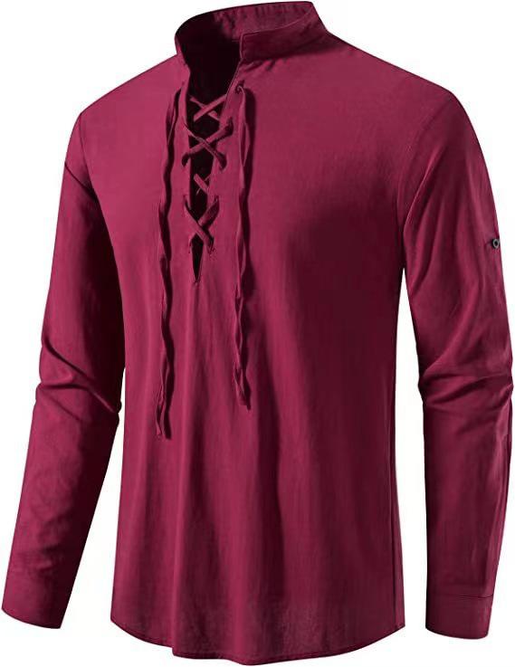 2026 Men's Cotton Henley Hippie Casual Beach Long Sleeve Stand-Up Collar Shirt A275