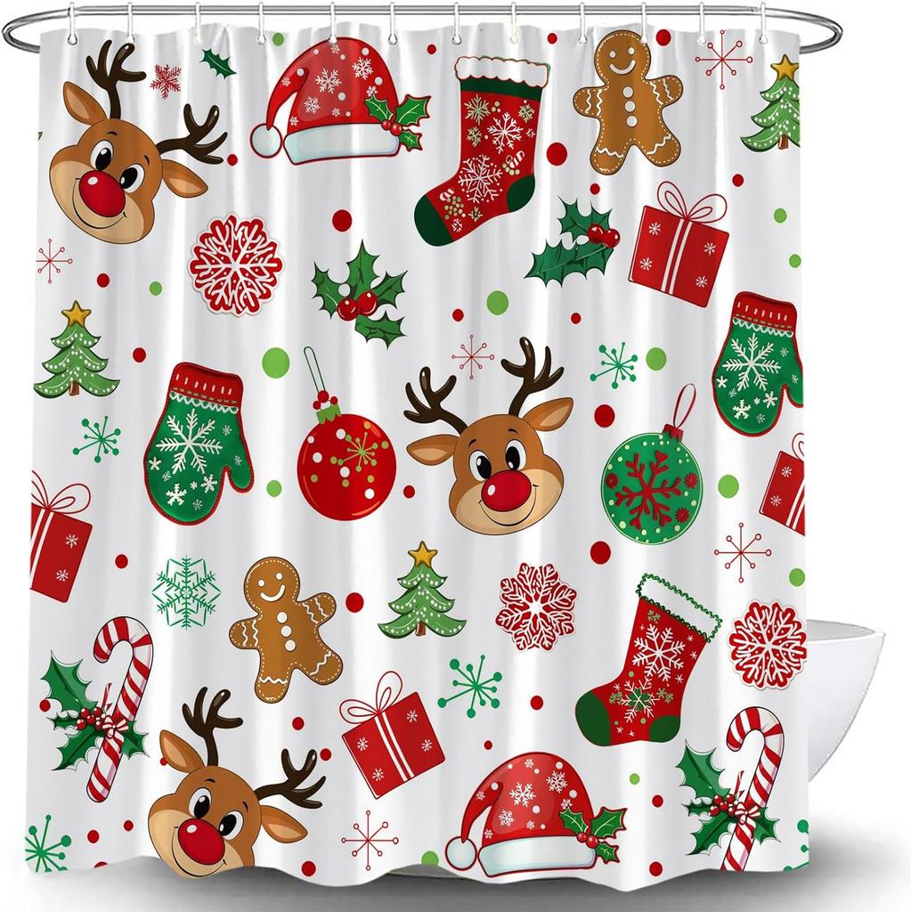 Christmas Shower Curtain Cute Reindeer Cookies Snowflake Red Green Xmas Balls Pine Tree Candy Holly Berry Winter Holiday Happy