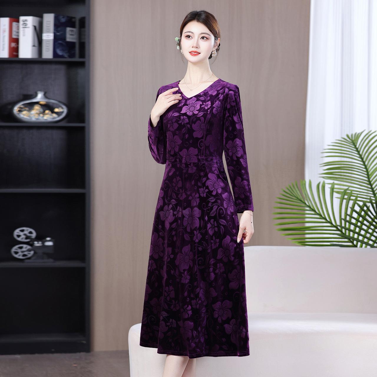 

Women s Gold Velvet 3D-Printed Dress - Plus Size, Slimming, Elegant, Knee-Length Skirt for Spring, Autumn, Winter 6XL 150-160 Jin фиолетовый