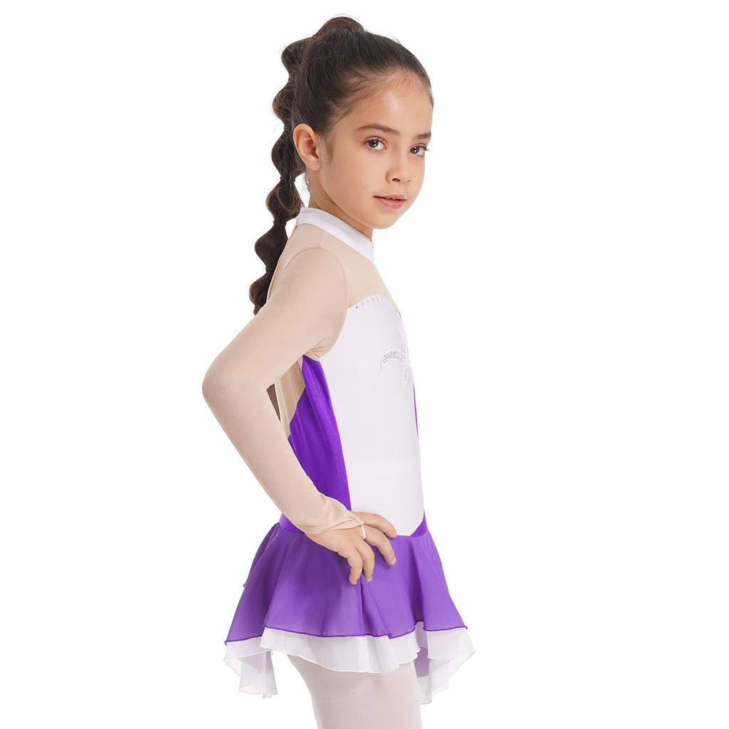 Dancewear for Kids Girls Long Sleeves Mesh Patchwork Sequins Skating Gymnastics Dress