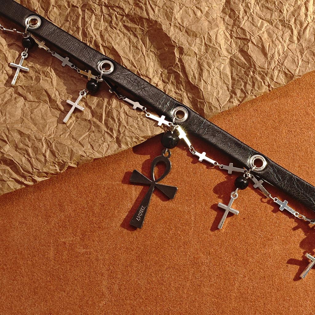 Goth Punk Black Cross Leather Collar Female Choker Yabi Culture Fashion Temperament Collarbone Chain