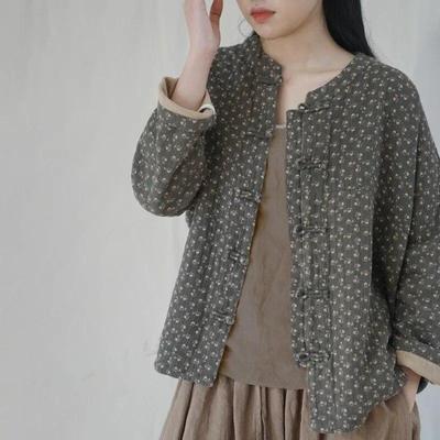 Women Vintage Spring Jackets Cotton Button Stand Coats Chinese Style Long Sleeve Print Floral Women Jackets