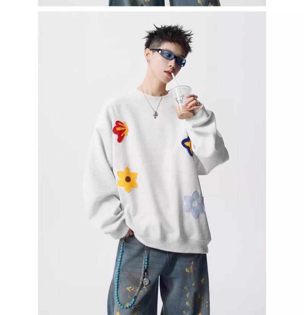 Unisex Floral Embroidered Sweatshirt - Spring & Autumn Trendy Round Neck Casual Base Layer