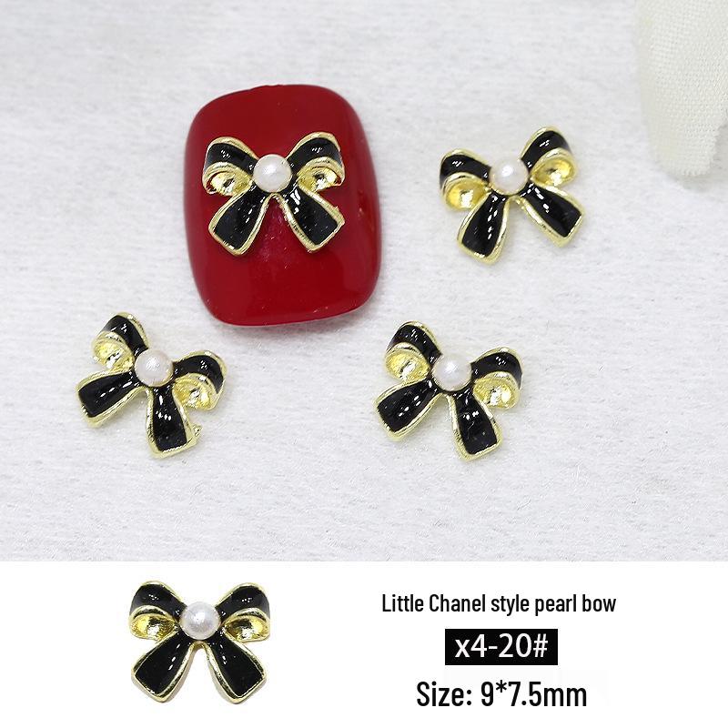 Elegant Black & White Alloy Nail Art Decorations: French Pearl Bow & Diamond Accessories